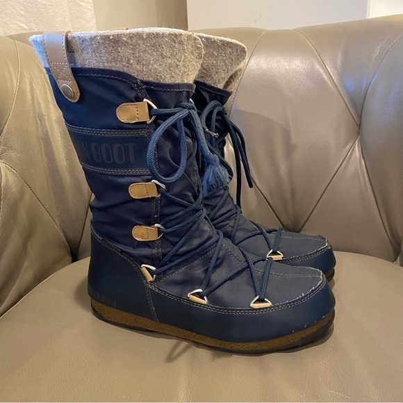 The Original Moon Boot Monaco Felt Warm Winter Snow Boots Navy Blue Women Size 6 - Picture 1 of 12